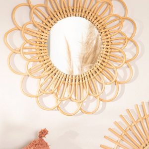 Miroir mural rond fleur en rotin